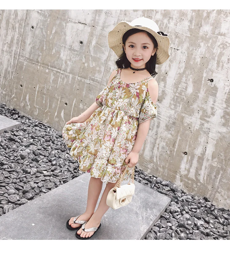 2018 summer Korean version of the new girl floral strapless straps lotus leaf chiffon fashion princess dress | Детская одежда и