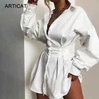 Женское Короткое платье-рубашка Articat, повседневное однобортное мини-платье с рукавами-фонариками и отложным воротником, белые сексуальные вечерние платья