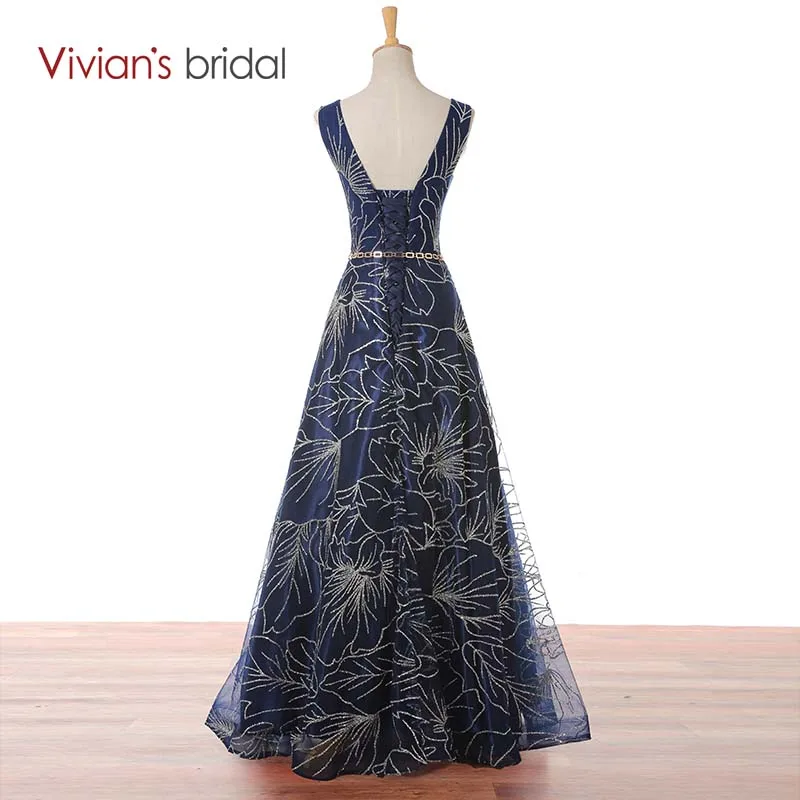 Vivian's Bridal темно-синее платье с v-образным вырезом без рукавов ТРАПЕЦИЕВИДНОЕ