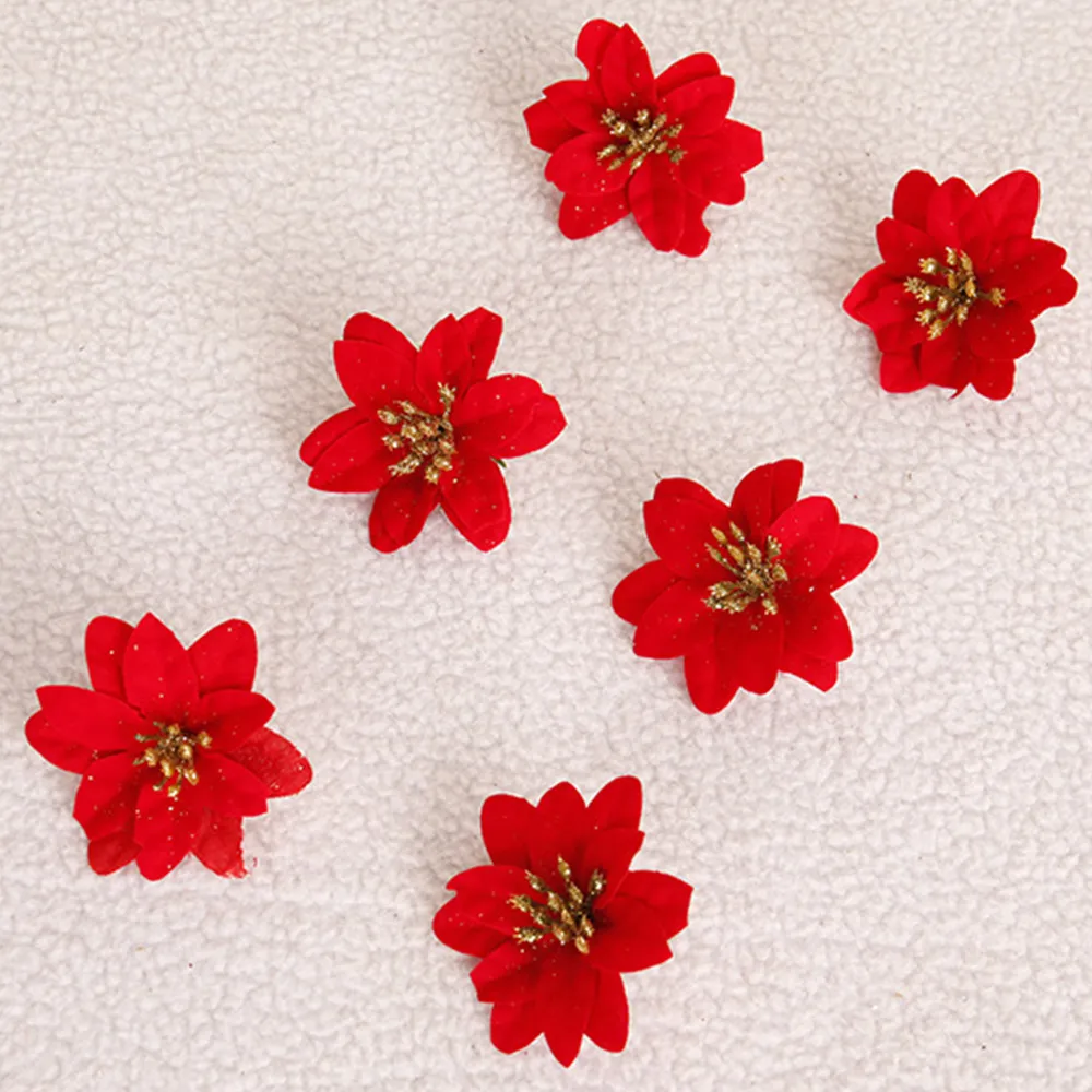 Пластиковые орнаменты из искусственных цветов Poinsettia блестящий цветок для рождественской елки новогодние Свадебные украшения 6 см