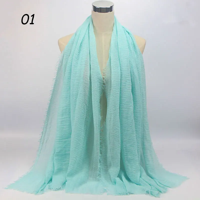 01 Water Green Scarf Sparsil Весенний хлопковый женский шарф Одноцветный мнущийся Ретро шарф с короткими кисточками 180 см Большие шали мусульманские женские хиджабы - Цвет: 01 Water Green Scarf