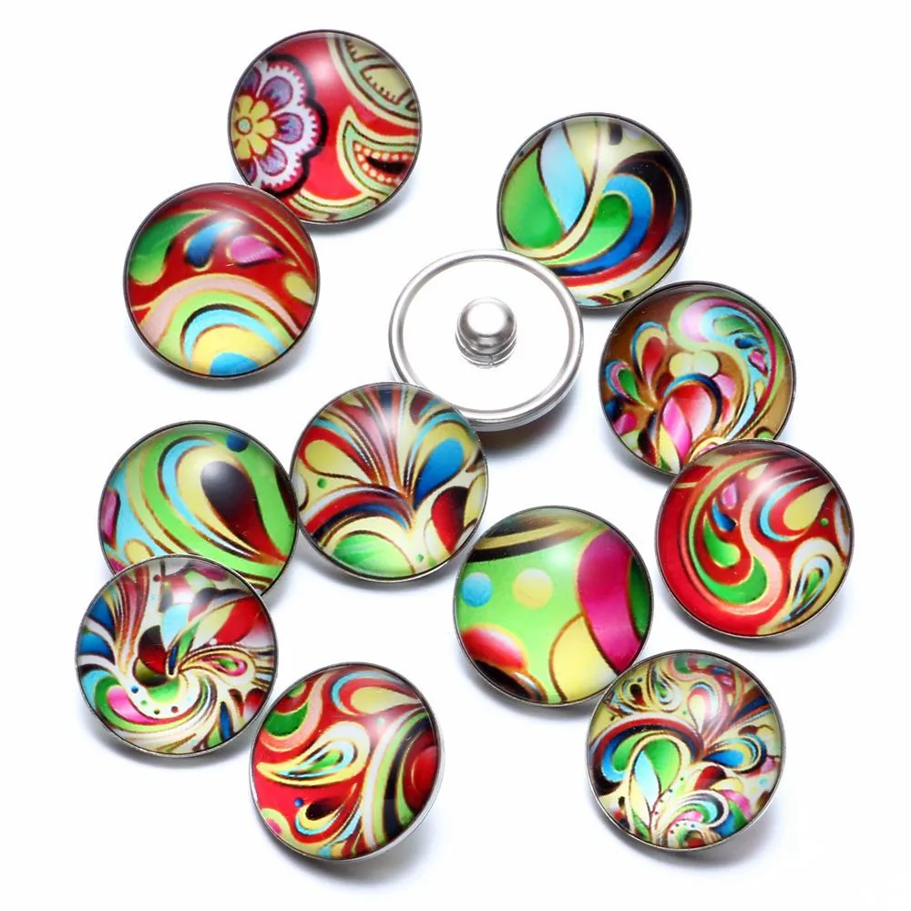 12pcs/lot Colorful Painting Themes Glass Charms 18mm Snap Button Jewelry For Snaps Bracelet KZ0670|18mm snap button jewelry|snap jewelrybutton