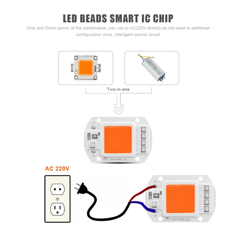 Полный спектр 380 840nm LED Grow Chip 20 Вт 30 50 COB лампа Чип DIY light прожектор для комнатных