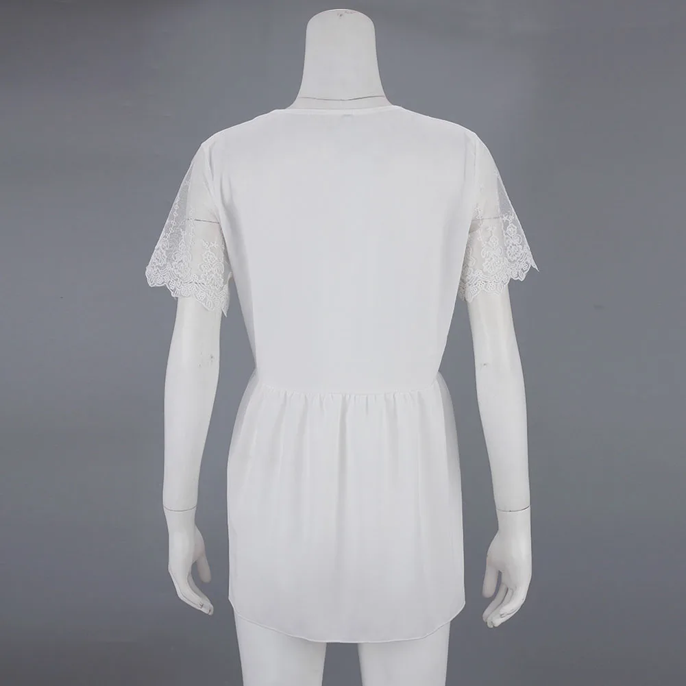 

Women Ladies Solid Summer Blouse Tops Short Sleeve Plus Size Sexy White Lace V neck Summer Loose Tops