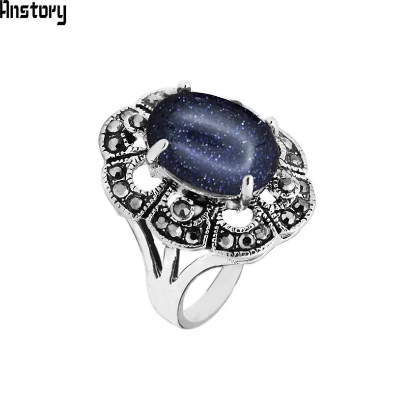 Oval Sequins Blue Stone Rings For Women Vintage Look Antique Silver Plated Rhinestone Plum Flower Fashion Jewelry TR691 | Украшения и