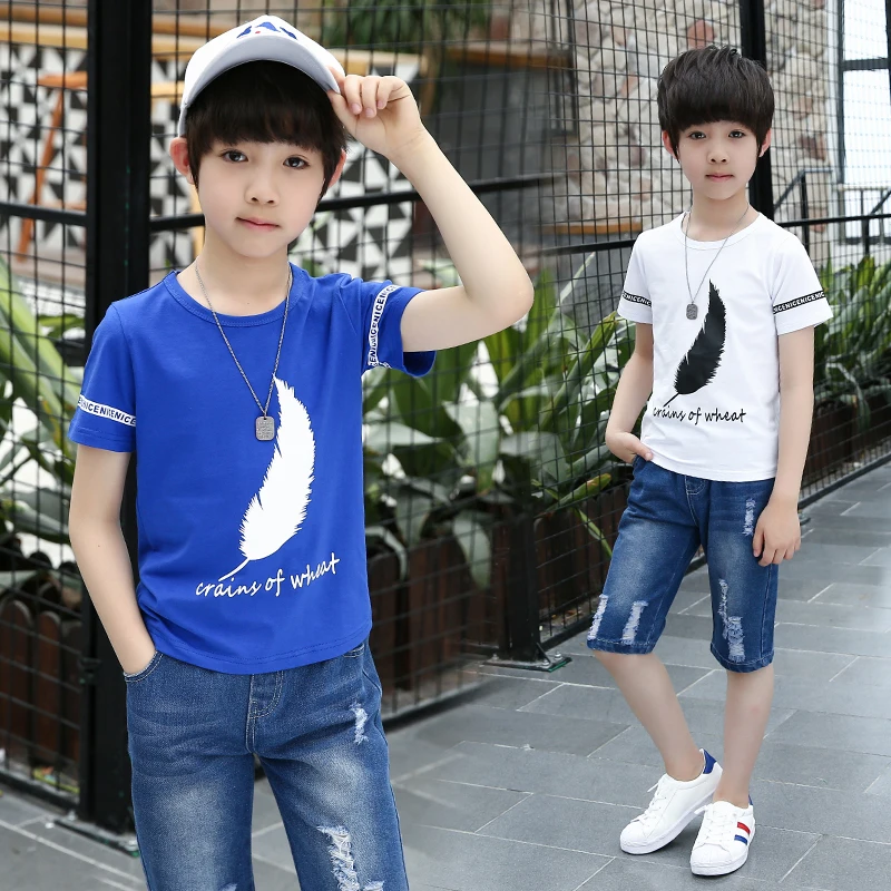 FYH/Летняя одежда для мальчиков детская футболка с короткими рукавами + джинсовые