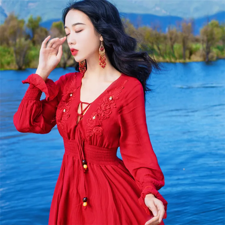 Tang 2019 горячая Распродажа длинное красное платье Глубокий v-образный вырез