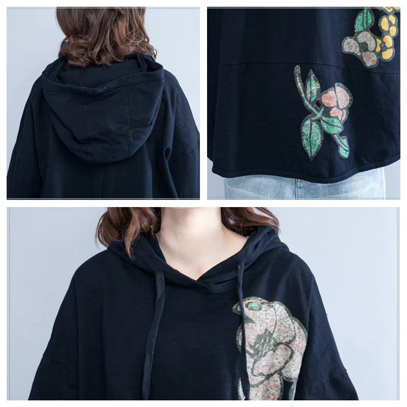 Женская футболка с капюшоном elseisle черная цветочным принтом и рукавом летучая