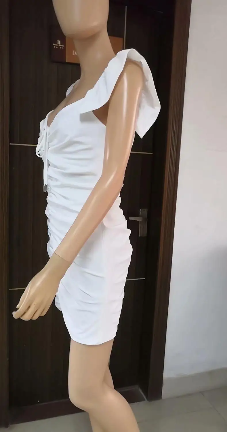 

2019 New Women Fashion Ruffles white V-Neck Sleeveless Vestidos dress Bodycon Celebrity evening Party Dress dropshipping