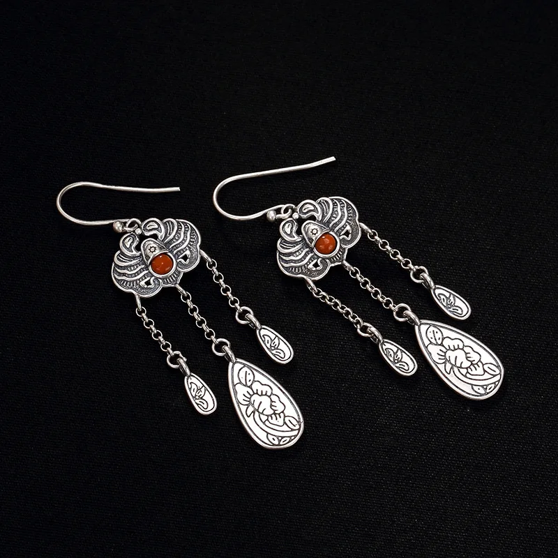 2018 Real New Arrival Brinco S925 Sterling Antique Old Inlaid South Peony Flower Fu In Front Of Ladies Earrings Wholesale | Украшения и
