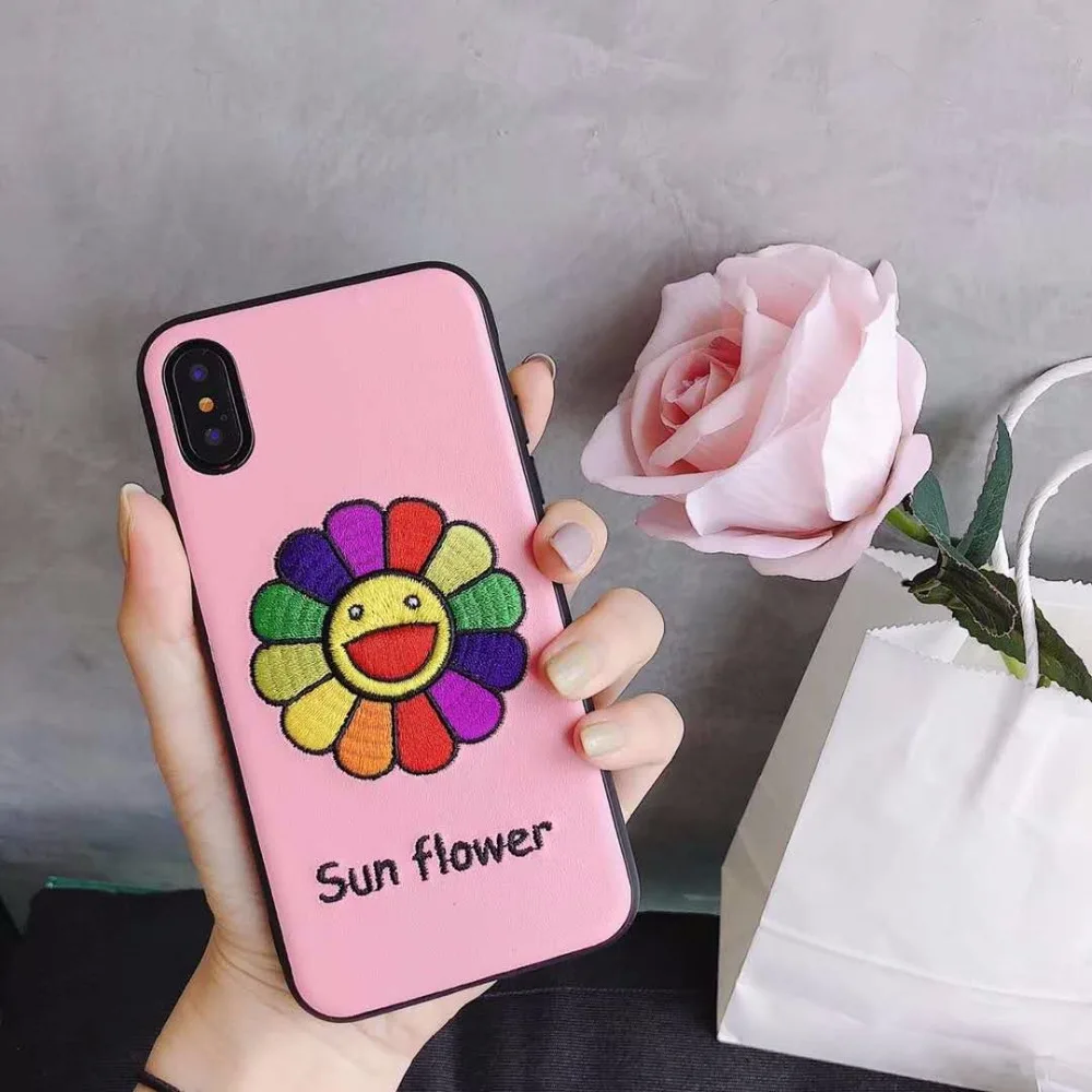 Embroidered sunflower for iPhone 6 6s 7 8 plus phone case x xs xr xsmax back cover |