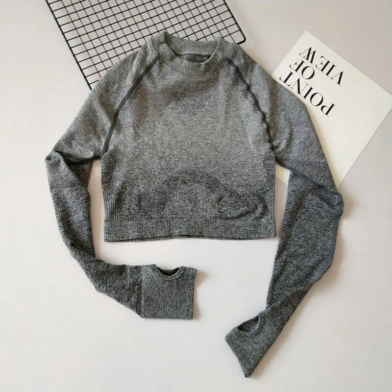 dark gray Новые бесшовные укороченные топы с длинным рукавом, рубашки для йоги, Женская Спортивная футболка с отверстием для большого пальца, одежда для бега, фитнеса, тренировок, тренажерного зала - Цвет: dark gray