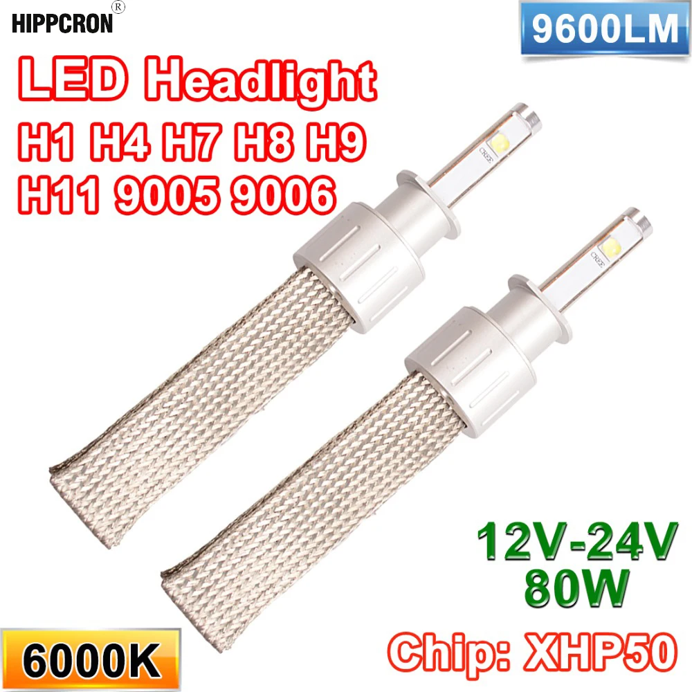 Hipppcron 2*40 Вт 80 Вт H1 H4 H7 H8 H9 H11 9005 9006 светодиодный фонарь XHP50 9600LM 12 V-24 V комплект все в одном 6000K белые Автомобильные фары(1 комплект