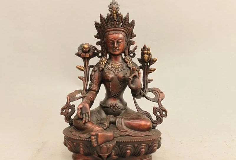 9&quot Tibetan Buddhism red Bronze Copper Bodhisattva Tara (Green) Kwan-yin Statue a 0518 | Дом и сад