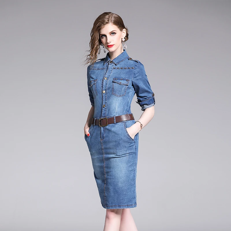 Женское облегающее джинсовое платье с длинным рукавом повседневное карандаш для