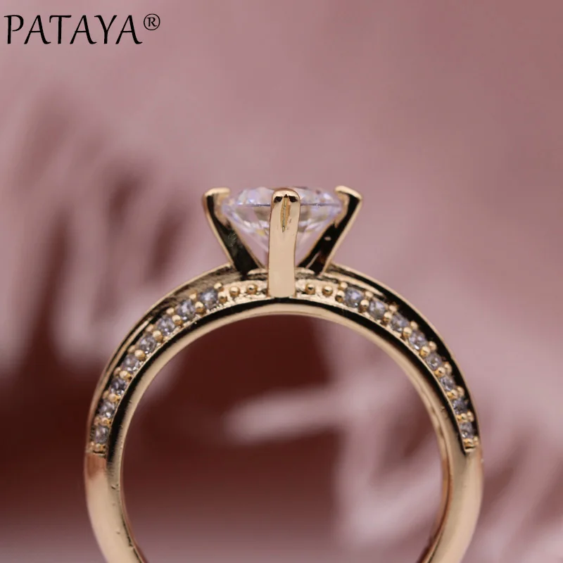 PATAYA, новинка, рождественский подарок, двойные ряда, Круглый, белый, натуральный циркон, кольца для женщин, вечерние, свадебные, 585, розовый, золотой лаконичный, ювелирное изделие