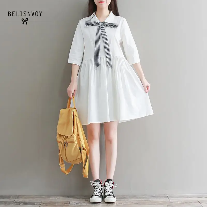 Mori girl/милые платья г. Летнее женское хлопковое белое платье с отложным воротником и бантом, элегантные вечерние платья для женщин