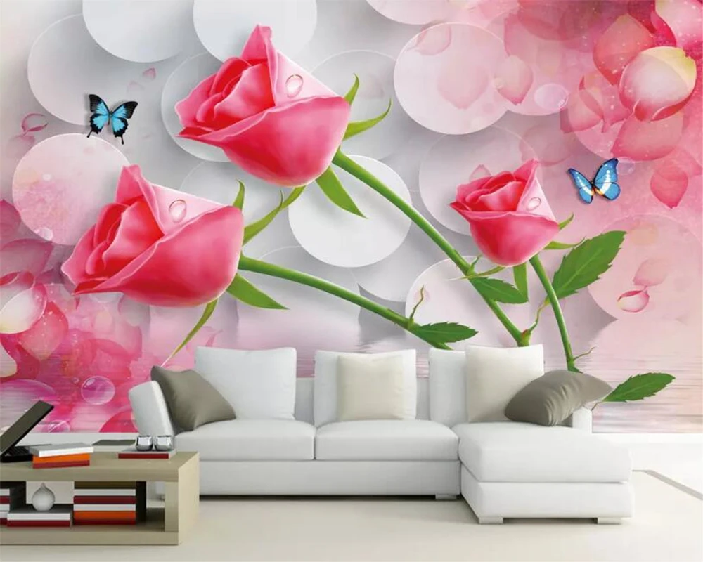

Фотообои на заказ, 3D Настенные обои, романтическая красная роза, Бабочка, фон для стен, гостиной, спальни, декоративные бумажные 3d обои