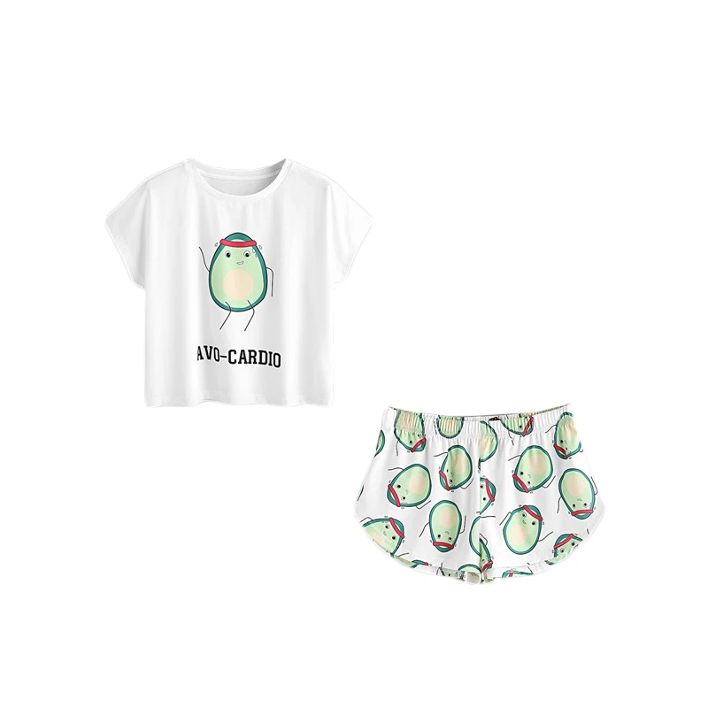 Dotfashion/комплект из футболки и шорт с принтом авокадо из мультфильма, женская пижама, повседневный пижамный комплект с коротким рукавом, Женская эластичная одежда для сна