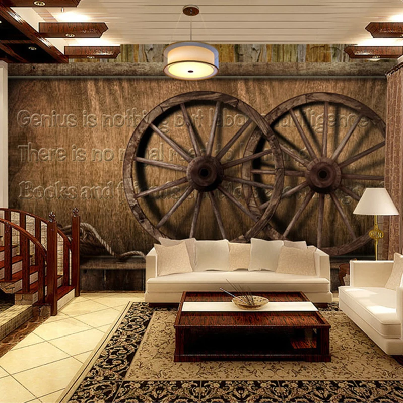 

European Style Retro Wooden Wheel Background Wall 3D Mural Wallpaper Cafe Living Room Modern Vintage Decor Photo Wallpaper Roll