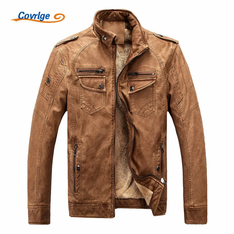 Covrlge Male Leather Jacket Fashion 2019 Mens Motorcycle Jacket Winter Men's Coat Casual Overcoat Faux Leather Suede MWP003