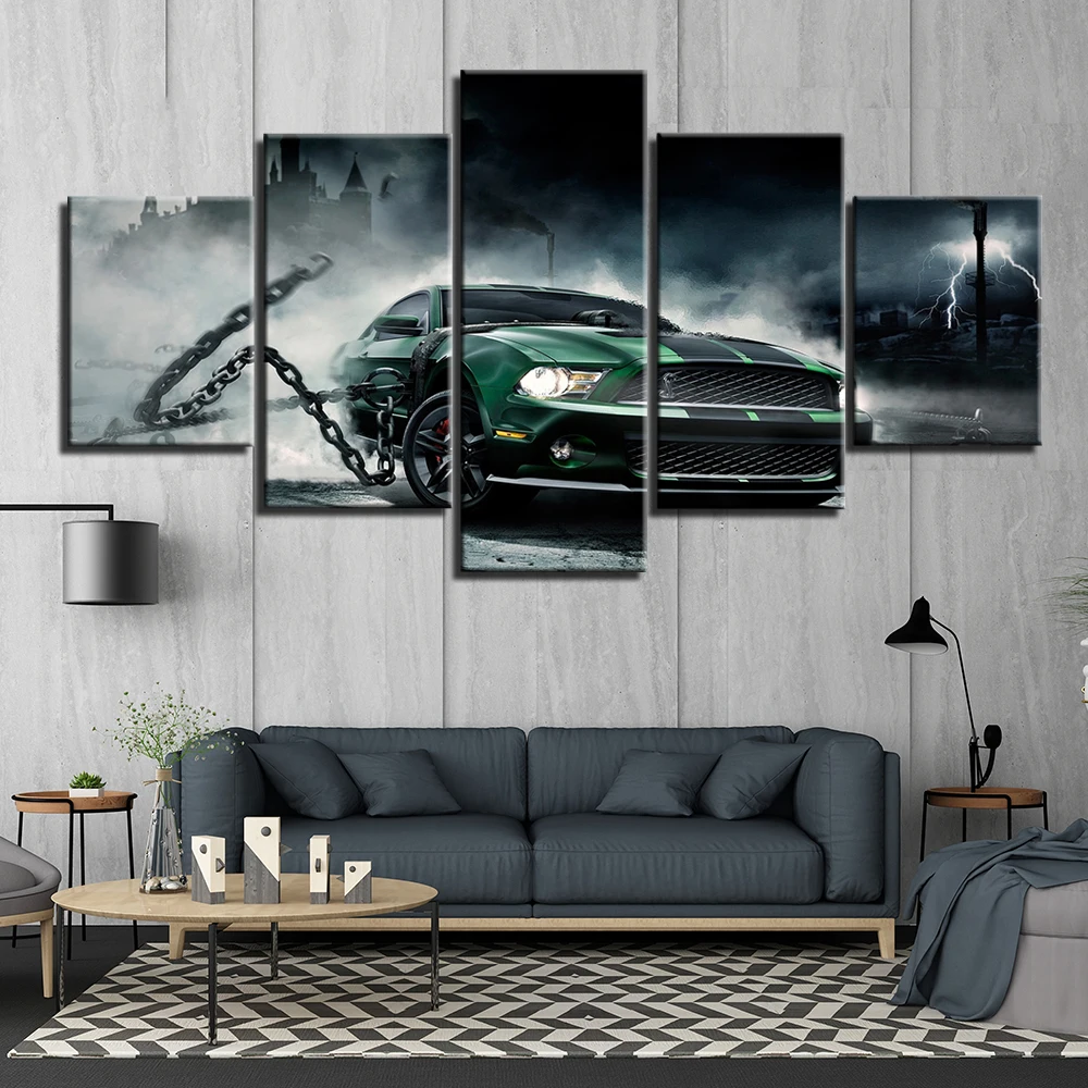 

HD Printed 5 panels Mustang sports car Paintings Canvas Wall Art 5 Pieces sports car automobile posters Framework up-333