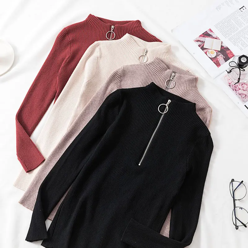 gkfnmt Casual Zipper Sweater Women Half Turtleneck Solid Autumn Female Knitted Pullovers long Sleeve Chic Soft Jumper | Женская одежда