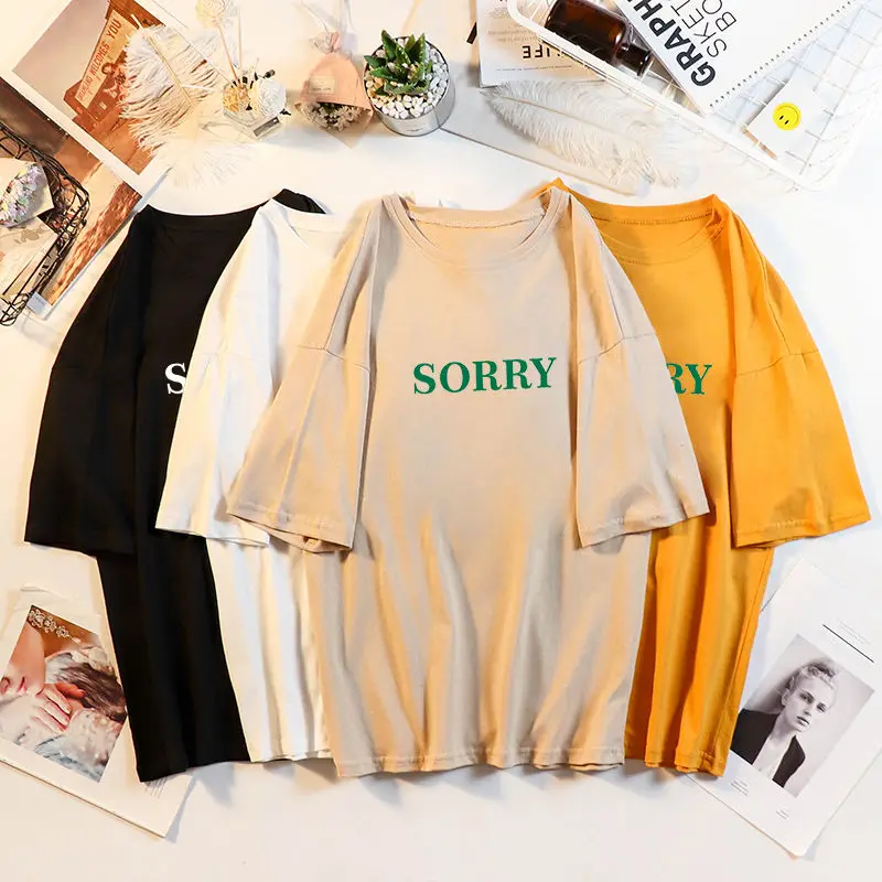 Корея 2019 Весна Лето Футболка желтая с буквенным принтом колледж короткий рукав