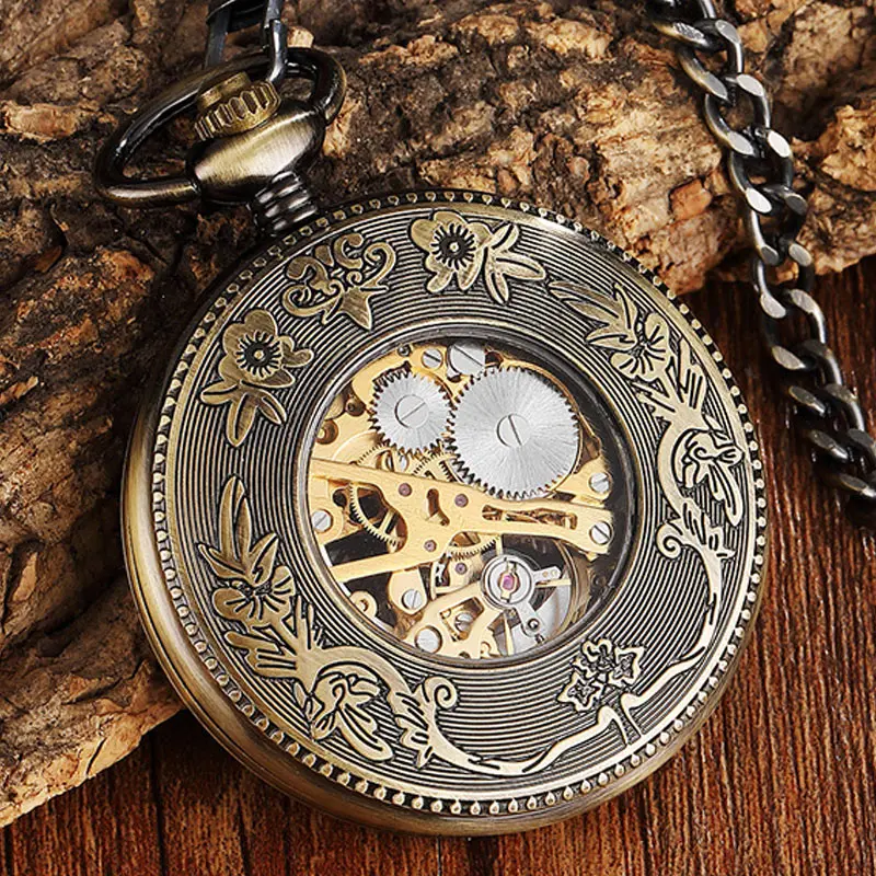 Carved Horse Pattern Mechanical Pocket Watch Vintage Hollow Bronze Fob Hand Watch Necklace with Chain for Men Women Steampunk