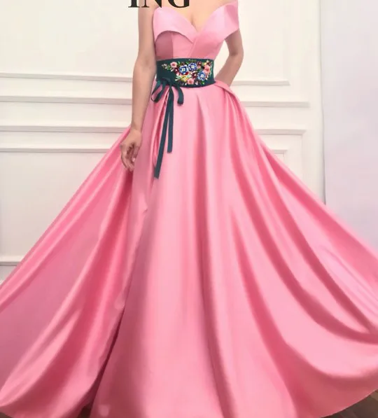 

Pink Muslim Evening Dresses A-line V-neck Embroidery Beaded Slit Islamic Dubai Saudi Arabic Long Formal Evening Gown