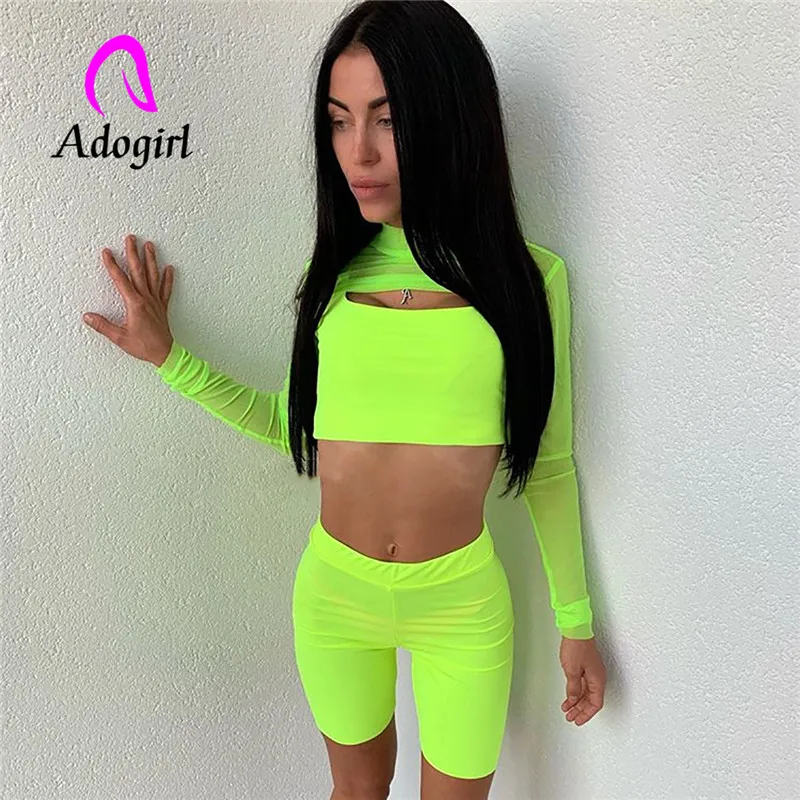 Adogirl флуоресцентный Женский комплект с вырезами спереди длинным рукавом