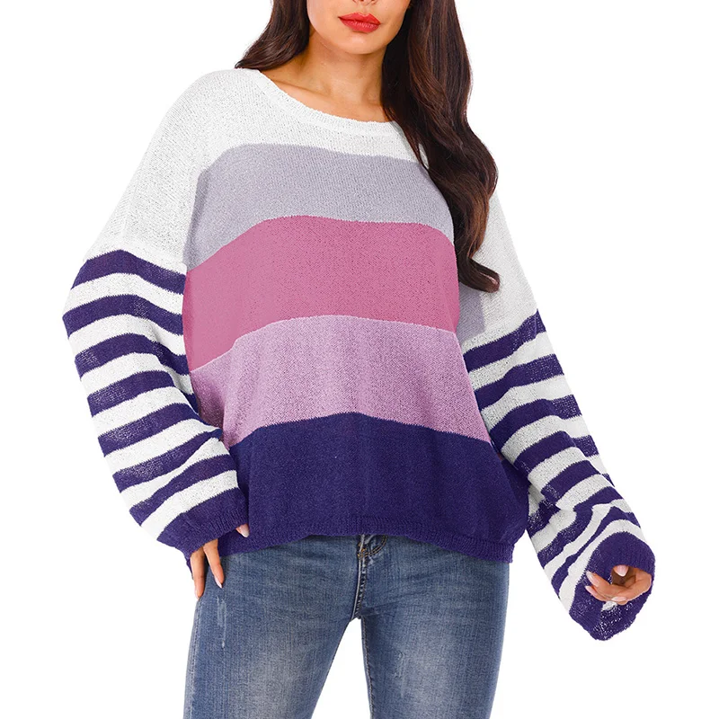 Осенне-зимний женский большой размер круглый вырез полоски контрастного цвета