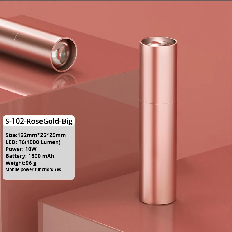 S-102-Big-Rose Gold Мощный светодиодный светильник-вспышка, перезаряжаемый фонарь дальнего действия, супер яркий маленький аварийный светильник, можно использовать как внешний аккумулятор - Испускаемый цвет: S-102-Big-Rose Gold