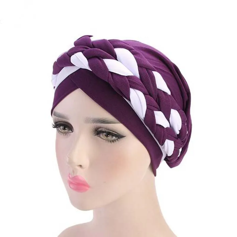 Богемный Национальный Твист коса Skullies Beanies весна осень бренд тюрбан шапки для женщин модная шапочка для химиотерапии - Цвет: purple white