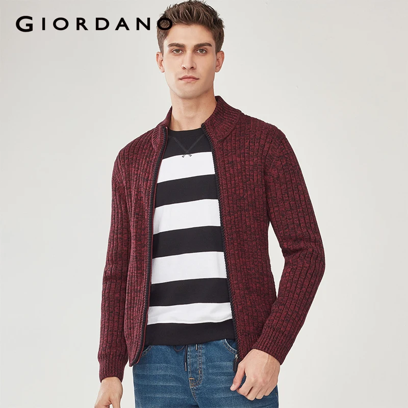 Giordano Мужской Ребристый кардиган на молнии с карманами спереди трикотажные