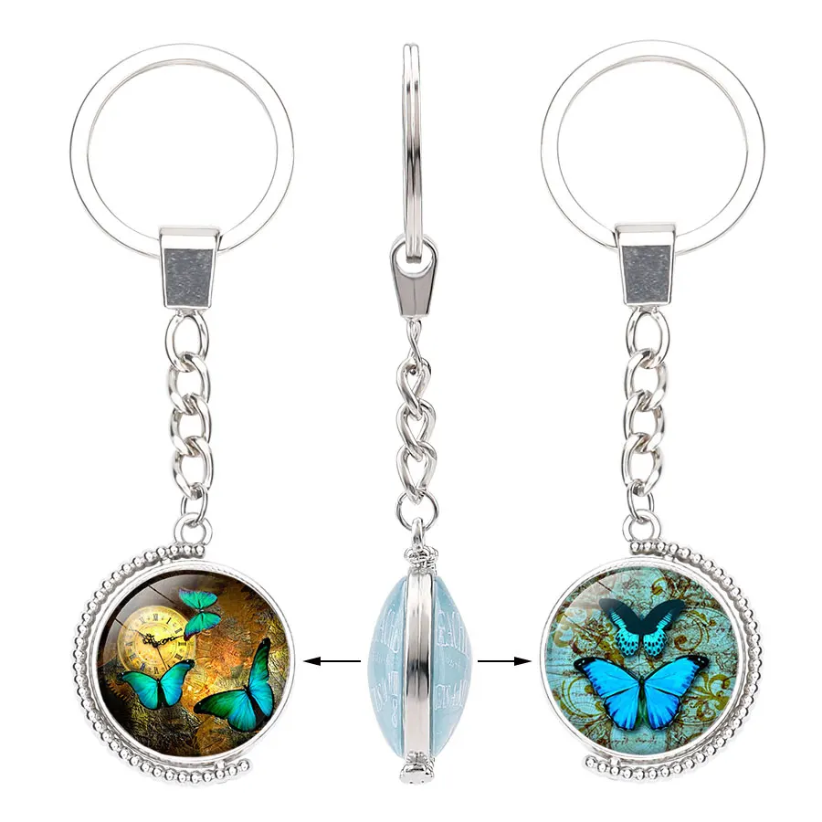 Colorful Retro Butterfly Art Picture Glass Cabochon Key Chain Double Sides Women Car Bag Ring Holder Accessory | Украшения и