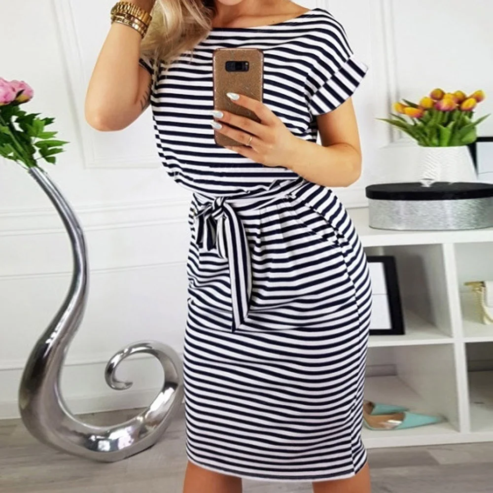 

Женское платье-футляр в полоску, повседневное облегающее платье с поясом и круглым вырезом, Клубное платье-футляр, лето-осень 2019