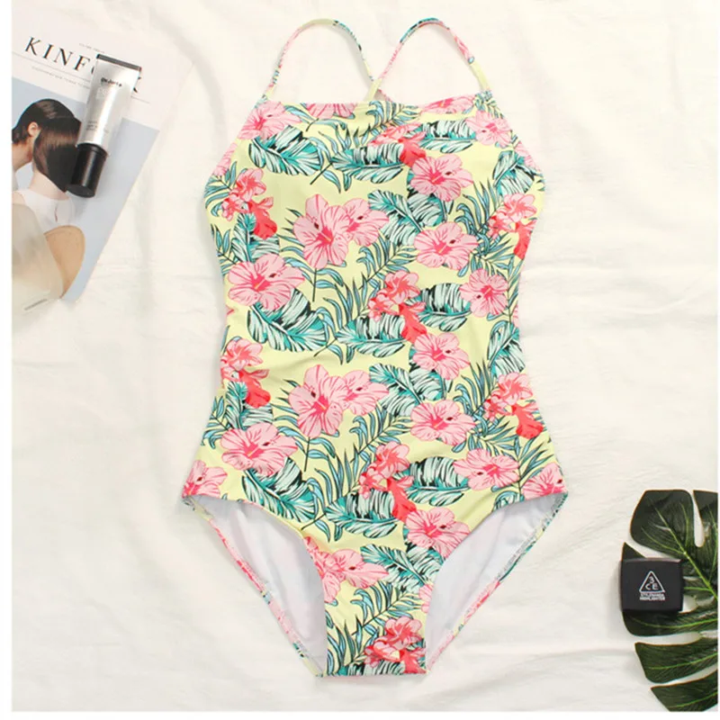 Слитный купальник с тропическим перекрестным поясом 2018 корейский садовый