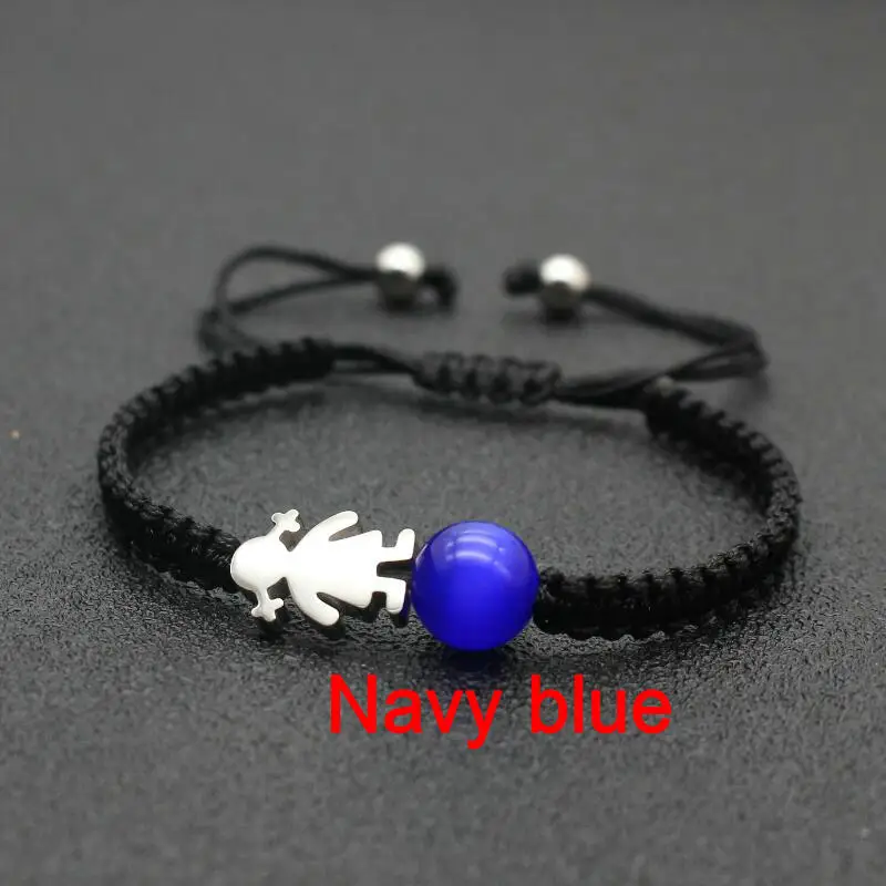 Navy blue Брендовый милый Мишка женские браслеты из нержавеющей стали серебряный цвет маленькая девочка кошачий глаз камень имитация жемчуга Плетеный веревочный браслет - Окраска металла: Navy blue