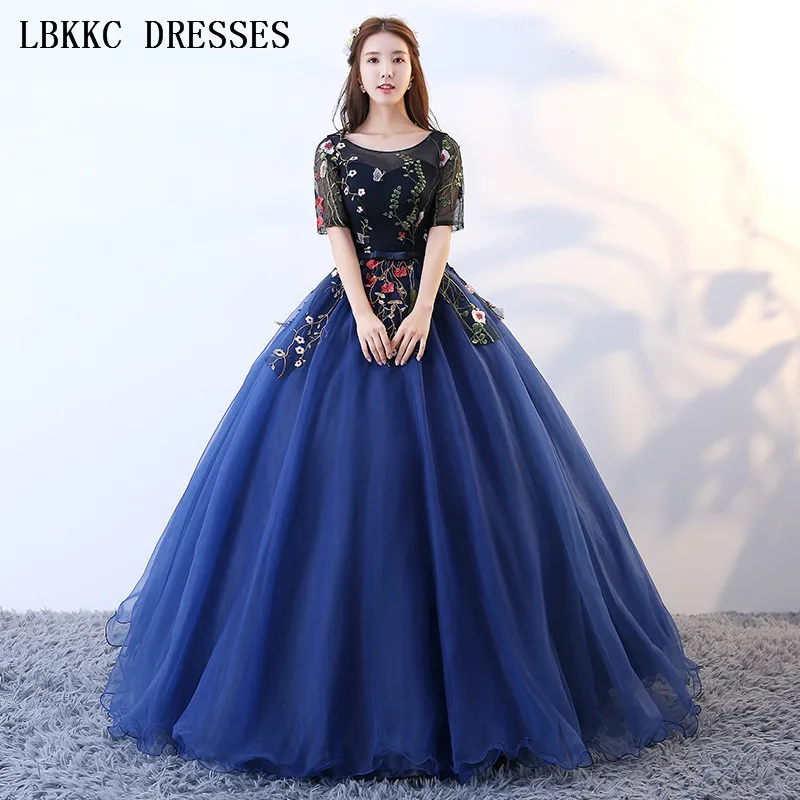 

Half Sleeve Navy Blue Quinceanera Dresses Ball Gown Scoop Vestidos De 15 Anos Floor Length Sweet 16 Dresses For 15 Years