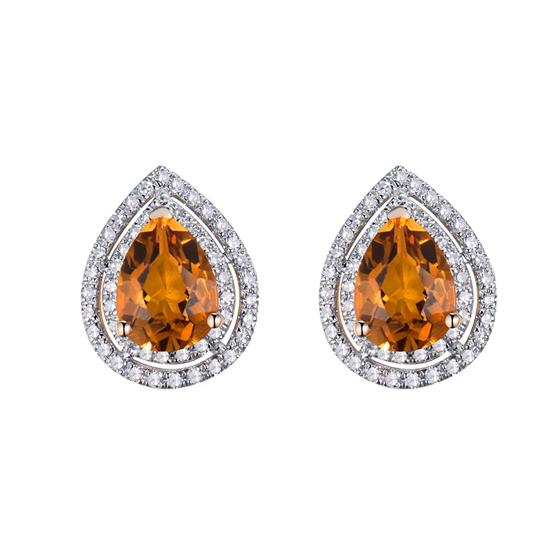 

LANMI Stud Earrings For Women Vintage Pear 6x8mm Solid 14Kt Yellow Gold 3.01Ct Citrine Around Diamonds Engagement Earrings