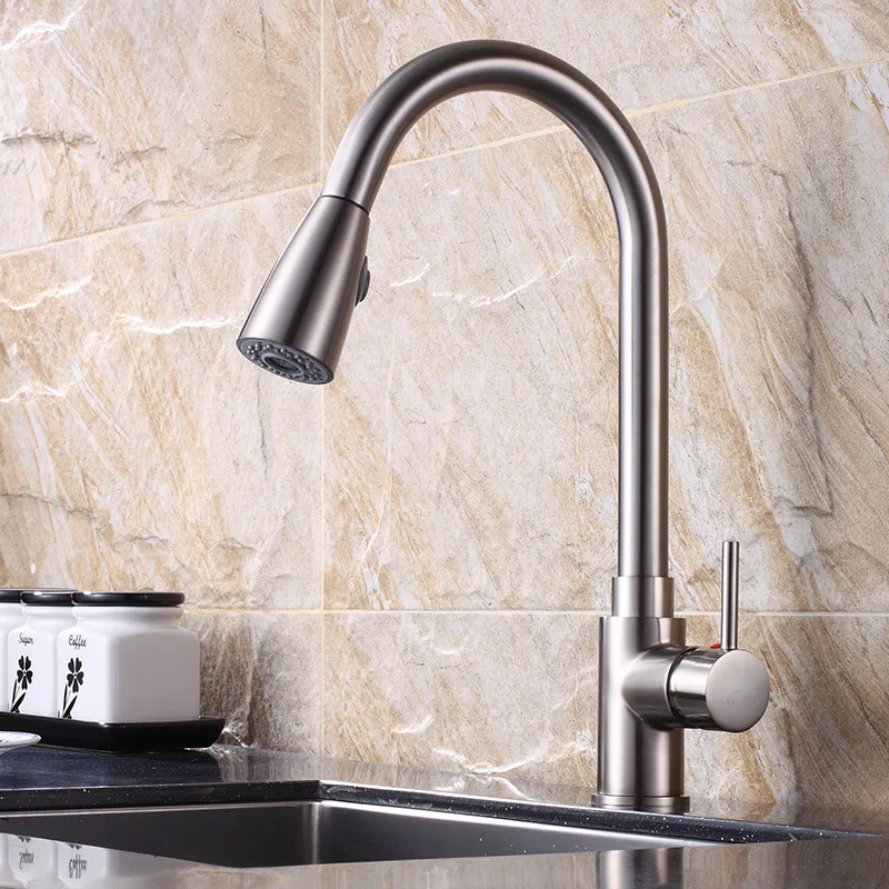 Матовый Никель Кухня кран двойной Функция воды Ванная комната вытащить Одной
