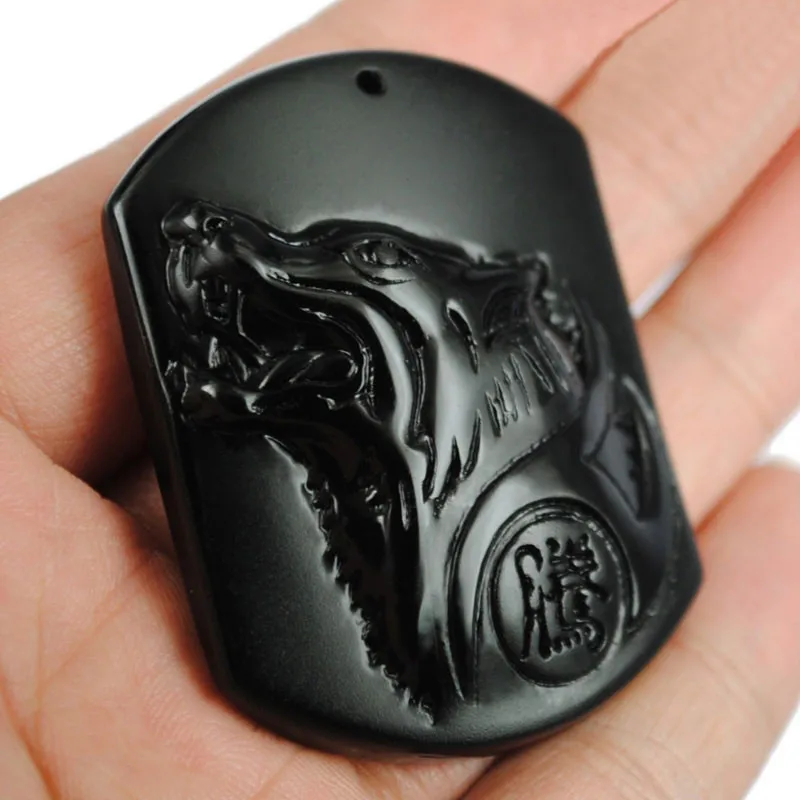 Черная Обсидиановая резьба голова Волка амулет кулон бесплатное ожерелье