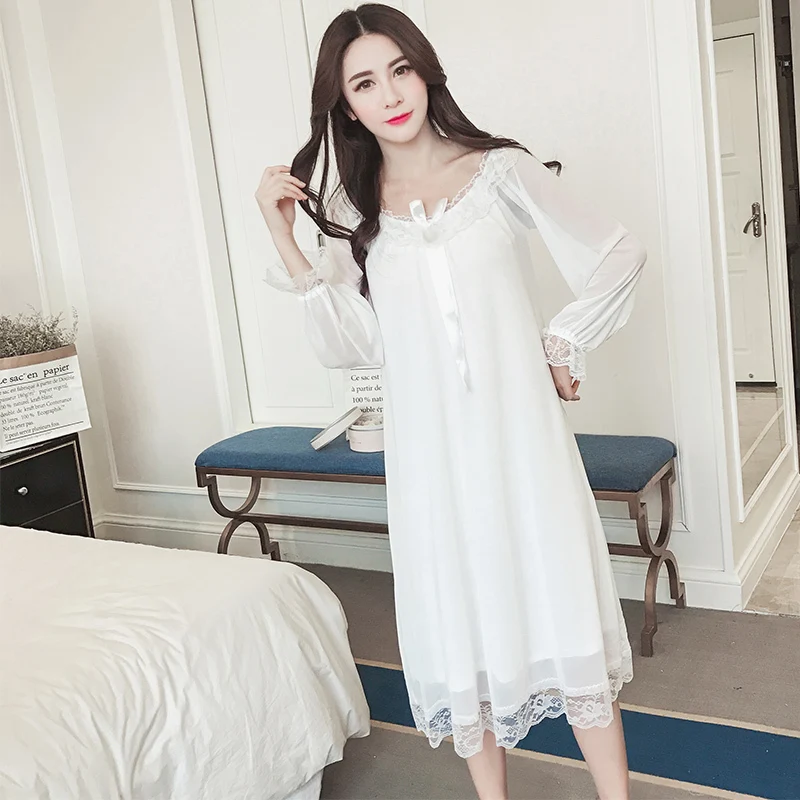 white long no pad Ночная рубашка RenYvtil, женское летнее кружевное платье, домашний комбинезон-шорты, нагрудный коврик, принцесса, дворец, Yoyal, Длинная женская ночная рубашка в придворном стиле, арабское - Цвет: white long no pad