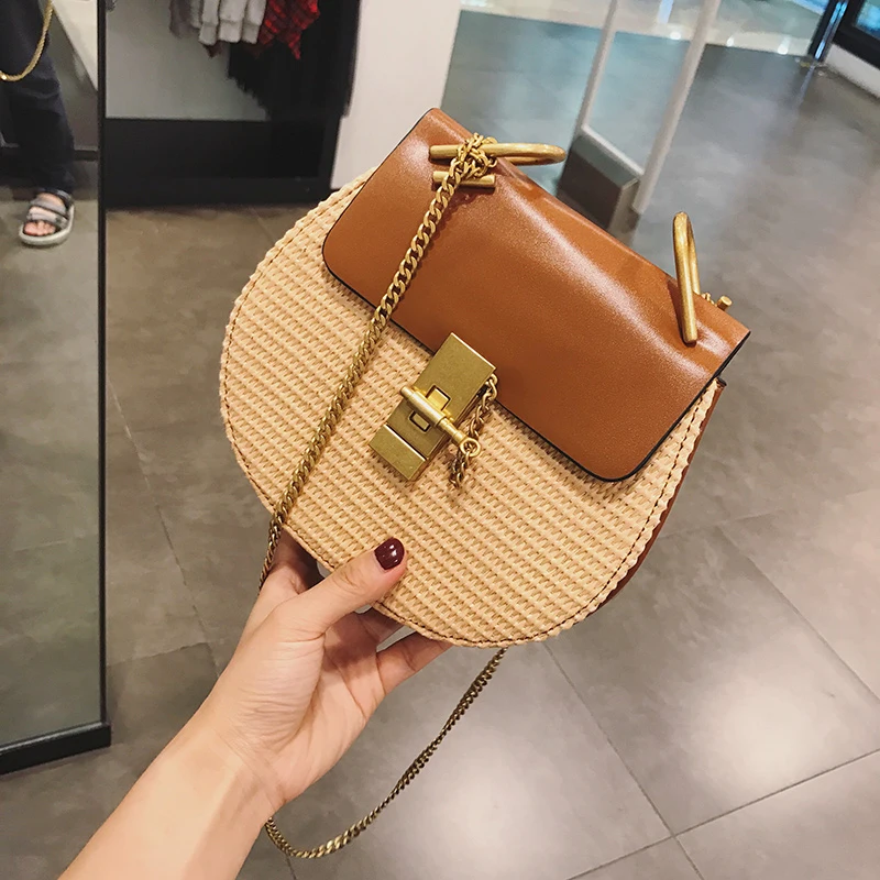 Старинные маленькую сумочку Вязание соломенная кожаные сумки Flap Crossbody Girls