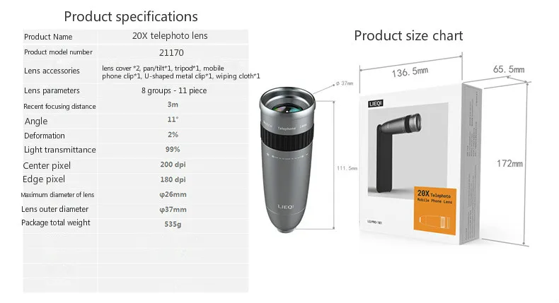 

Universal Clip 20X Mobile Phone Telephoto Telescope Head Zoom External Camera HD Anti-mobile Telescope for iPhone Samsung Xiaomi