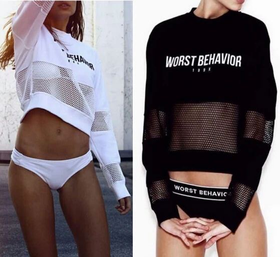 Черный и белый sexy письмо печати полупрозрачные марли лоскутное улица с длинными