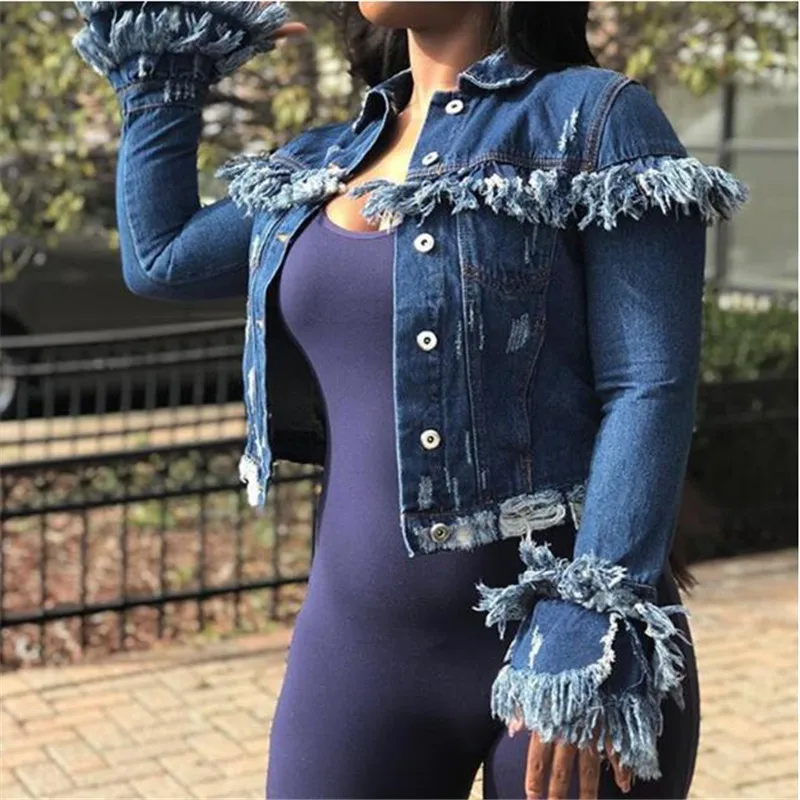 Женская джинсовая куртка с бахромой рукавами и 2019|Женские куртки| |
