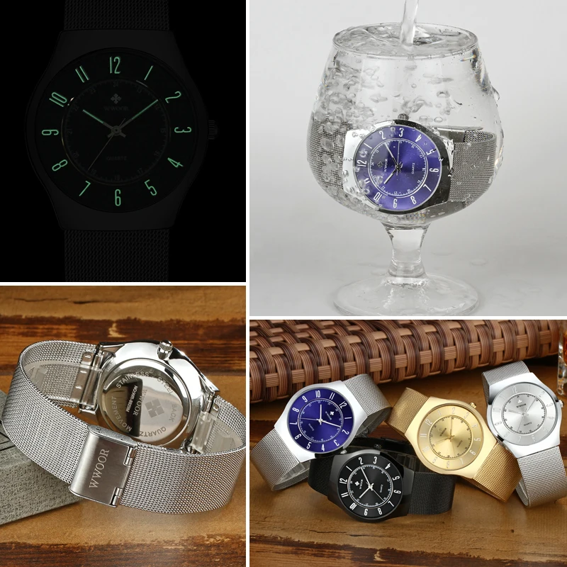 Элитный бренд WWOOR часы Для мужчин кварц Нержавеющая сталь серебристый сетчатый