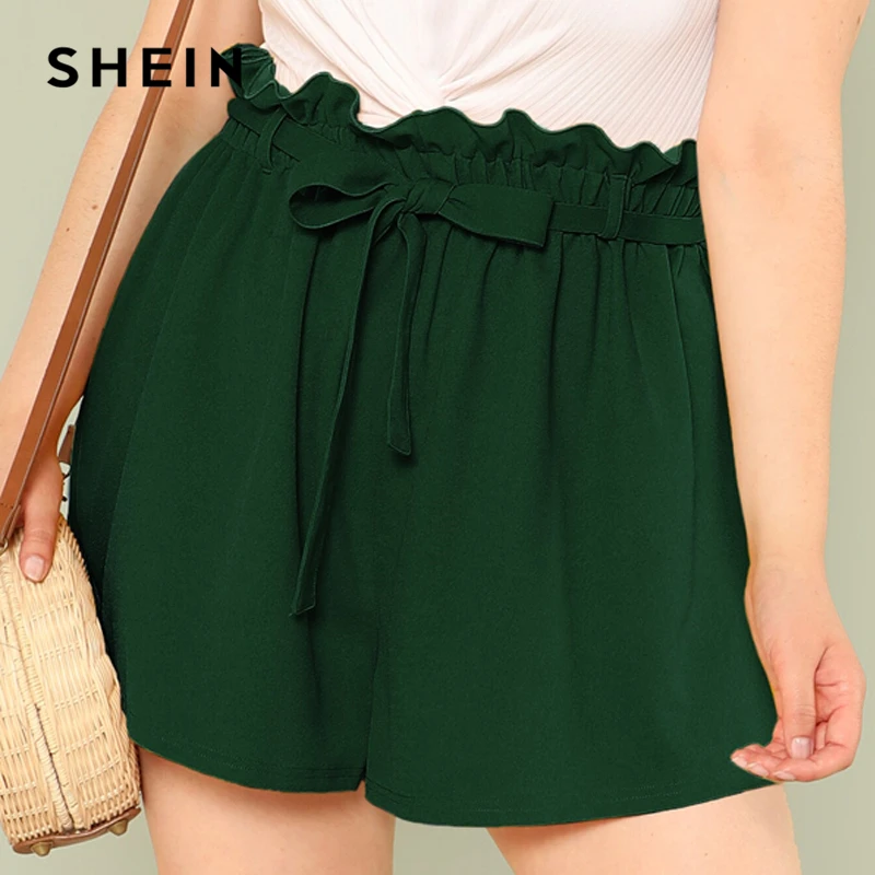 SHEIN, шорты размера плюс, одноцветные, бумажный мешок, талия,, женские, летние, элегантные, свободные, плиссированные, для офиса, широкие, с поясом
